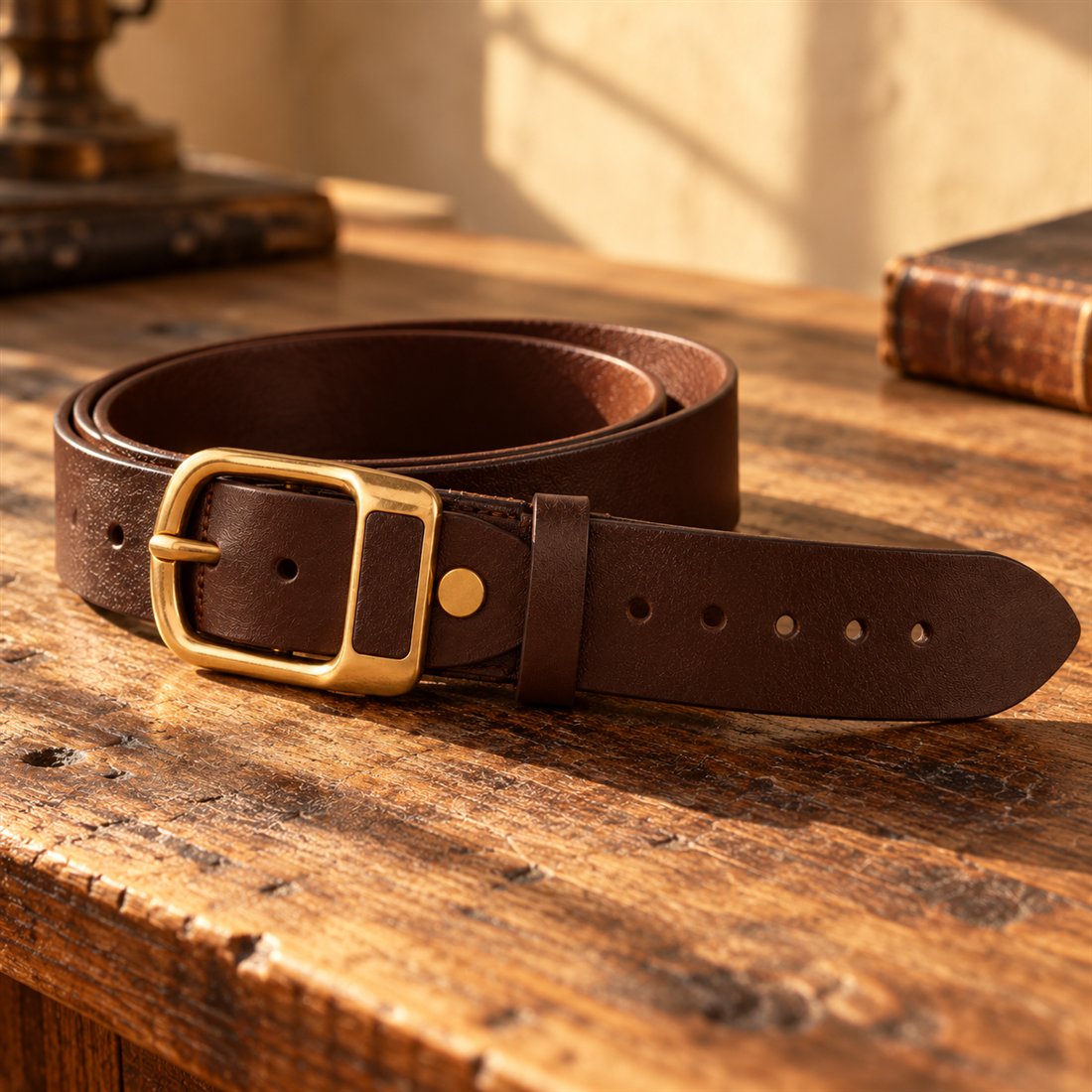Opgerolde donkerbruine leren riem met goudkleurige gesp op een warme houten tafel