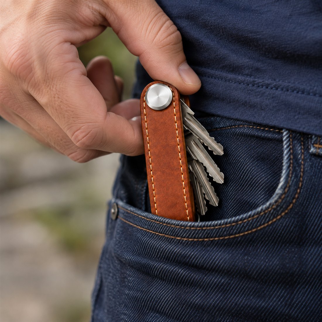 Leren key organizer met sleutels in zacht daglicht
