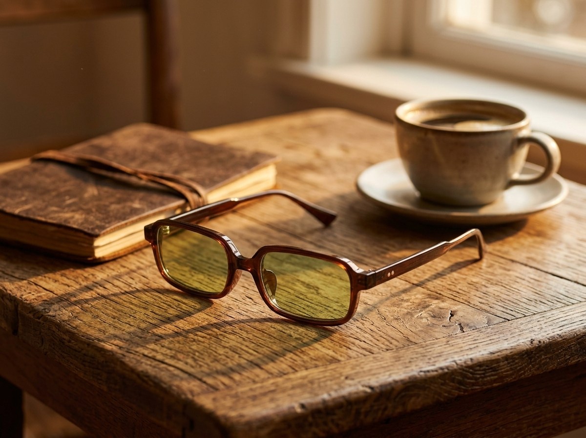 Bruine retro zonnebril met groene glazen op een warme houten tafel naast een notitieboekje